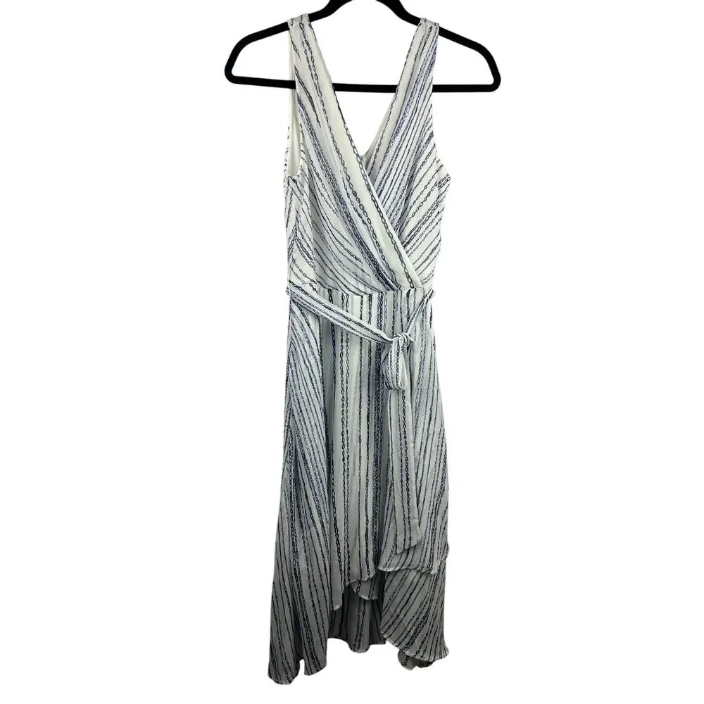 DKNY Wrap Dress, Blue White Chain Stripe, Sleeveless, Belted Asymmetrical Hem - Picture 2 of 13